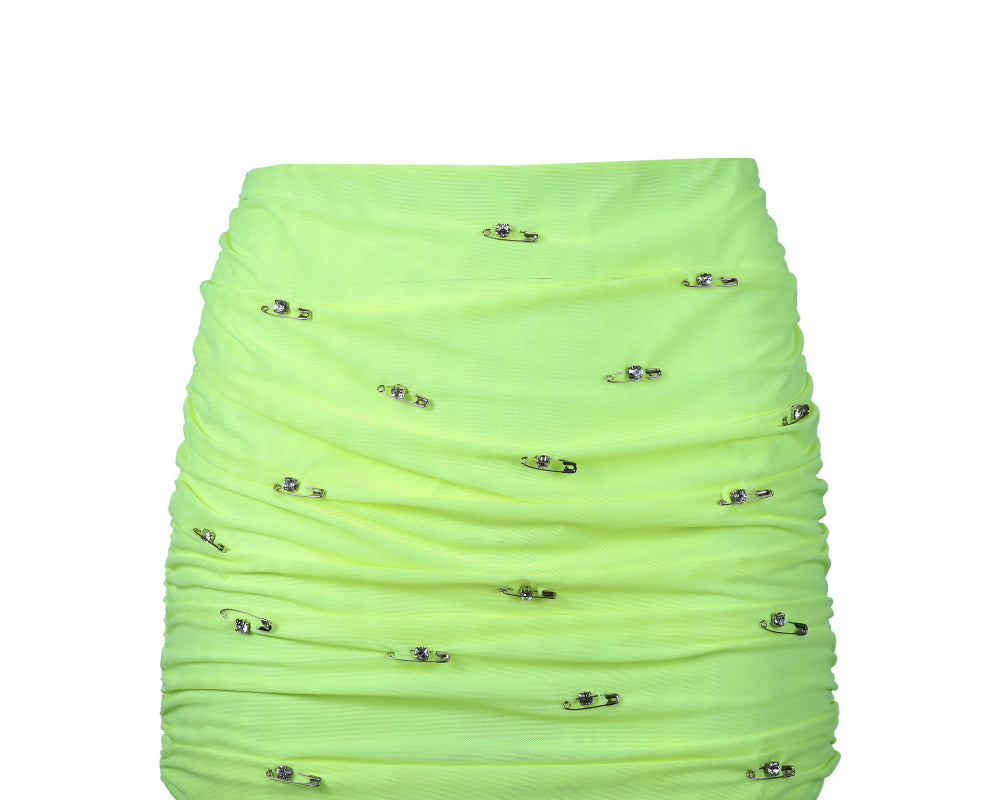 Draped mini skirt embellished with pins